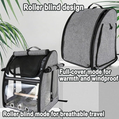 Bird Travel Cage Backpack - Portable Transparent Carrier with Standing Perch, Stainless Steel Mesh and Feeder Cups for Small Birds Like Parrot Parakeet(Grey)