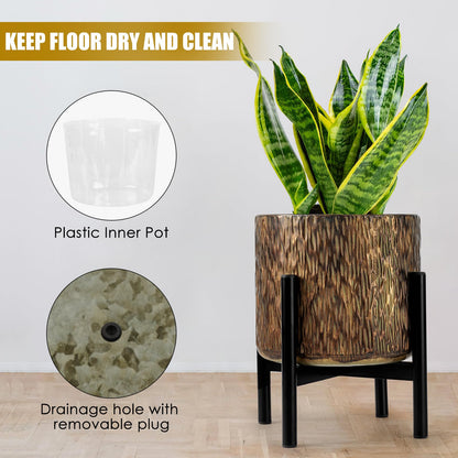 Harvest Land Plant Pots with Stand, Set of 2 Large Modern Planters Metal Tall Handmade Flower Pots with Drainage Holes Indoor Outdoor,Bronze
