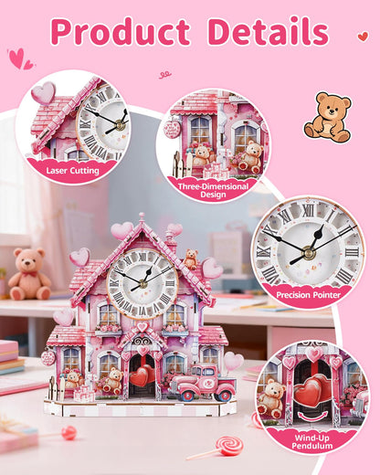 Rnfinewow 3D Wooden Puzzles for Adults, 3D Puzzle Sweetheart House Clock Kit (with Pendulum), 3D Puzzles for Adults Home Decor DIY Clock Puzzle Gifts for Women Men