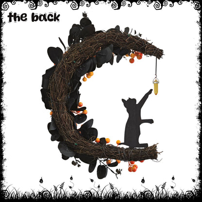 Halloween Decor, 2026 New Spooky Halloween Wreath with Lights, Black Cat Crescent Moon Design, Indoor Outdoor Front Door Wall Decor for Halloween Party
