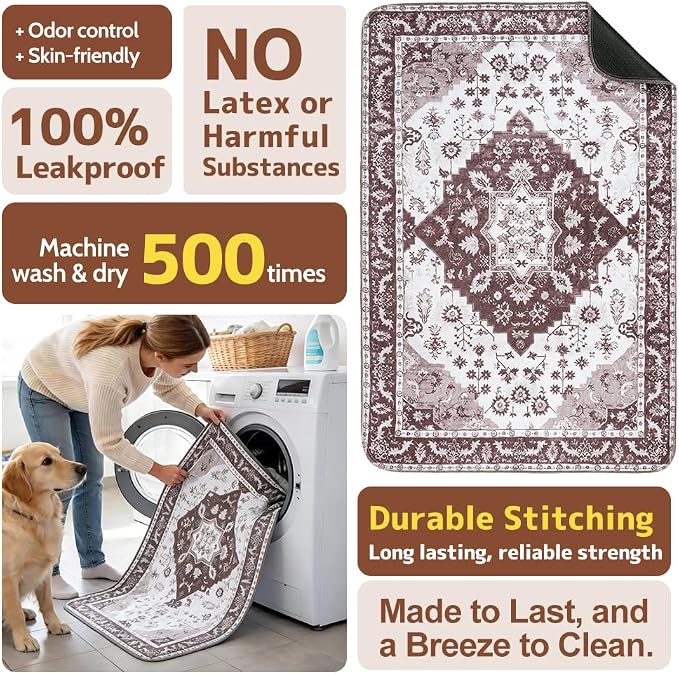 Washable Pee Pads for Dogs, 2 Pack Reusable Puppy Training Pads 40"x26" Super Absorbent Waterproof Dog Training Pads, Non-Slip Potty Pads, Whelping Pads Litter Mat Light Brown Medallion