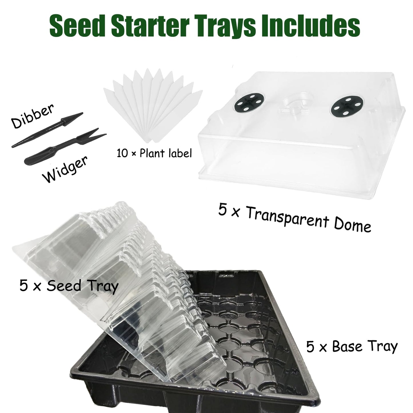 NICOLEKAY Seedling Trays Seed Starter Tray, 5-Pack Mini Propagator Plant Grow Kit Greenhouse with Humidity Vented Domes and Base for Seeds' Starting (40 Cells Per Tray, Total 200 Cells), Black
