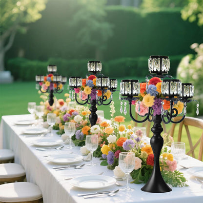 kolnlala 1PC Black 5-Arm Crystal Pendant Metal Candle Holder with Square Crystal Bowl, 22-Inch Tall Wedding Table Centerpiece for Holiday Party Events, Christmas, Birthday Decorations