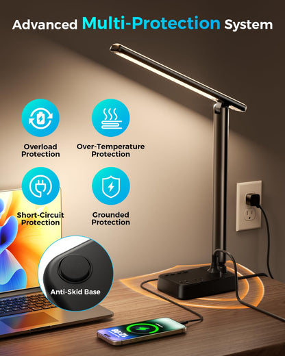 LED Desk Lamp with Power Strip, 3 AC Outlets & 4 USB Ports (2 USB-C), Stepless Dimming & 2800K-6500K Eye-Caring Desk Light, Foldable Table Lamp with 5FT Cord for Home Office, Dorm Room Essentials