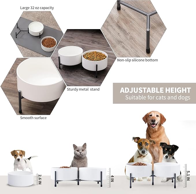 32 oz Ceramic Dog Bowls with Metal Stand, 6 Inch Pet Food and Water Dish | Bowl Dishwasher and Microwave Safe, 2 Heights, for Cats & Dogs, Prevent Neck Fatigue, White
