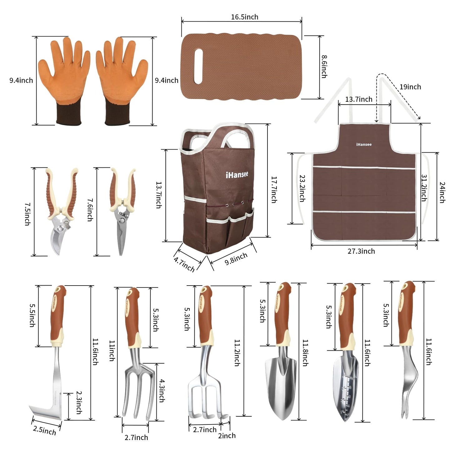 Brown Gardening Tools Set 12-Piece, Garden Hand Tool Kit with Non-Slip Ergonomic Handle, Storage Tote Bag, Garden Apron, Gloves and Kneeling Pad, Gardening Gifts for Women Men Plant Lover
