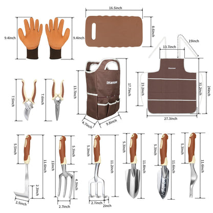 Brown Gardening Tools Set 12-Piece, Garden Hand Tool Kit with Non-Slip Ergonomic Handle, Storage Tote Bag, Garden Apron, Gloves and Kneeling Pad, Gardening Gifts for Women Men Plant Lover