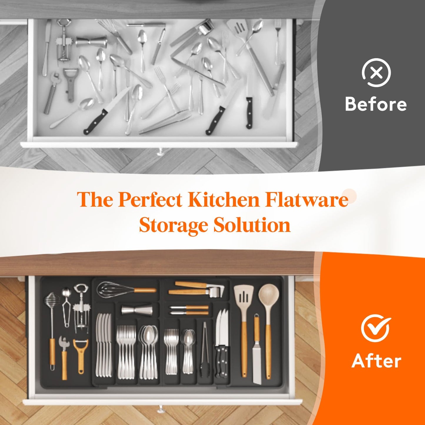 Lifewit Large Silverware Drawer Organizer, Expandable From 21 to 36 Inches, BPA Free Plastic Utensil Tray for Kitchen, Adjustable Flatware and Cutlery Holder for Spoons Forks Knives, Black