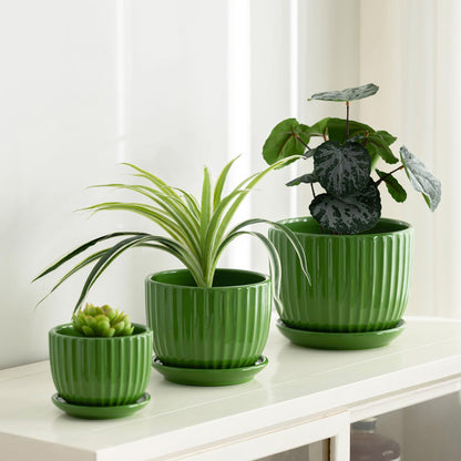 Ton Sin Ceramic Plant Pots,4"+5"+6" Inch,Green Flower Pots with Drainage Holes and Tray,Indoor Planters for Plants Pots,Home Office Decoration GIF for Plants,Succulent Pot Set of 3