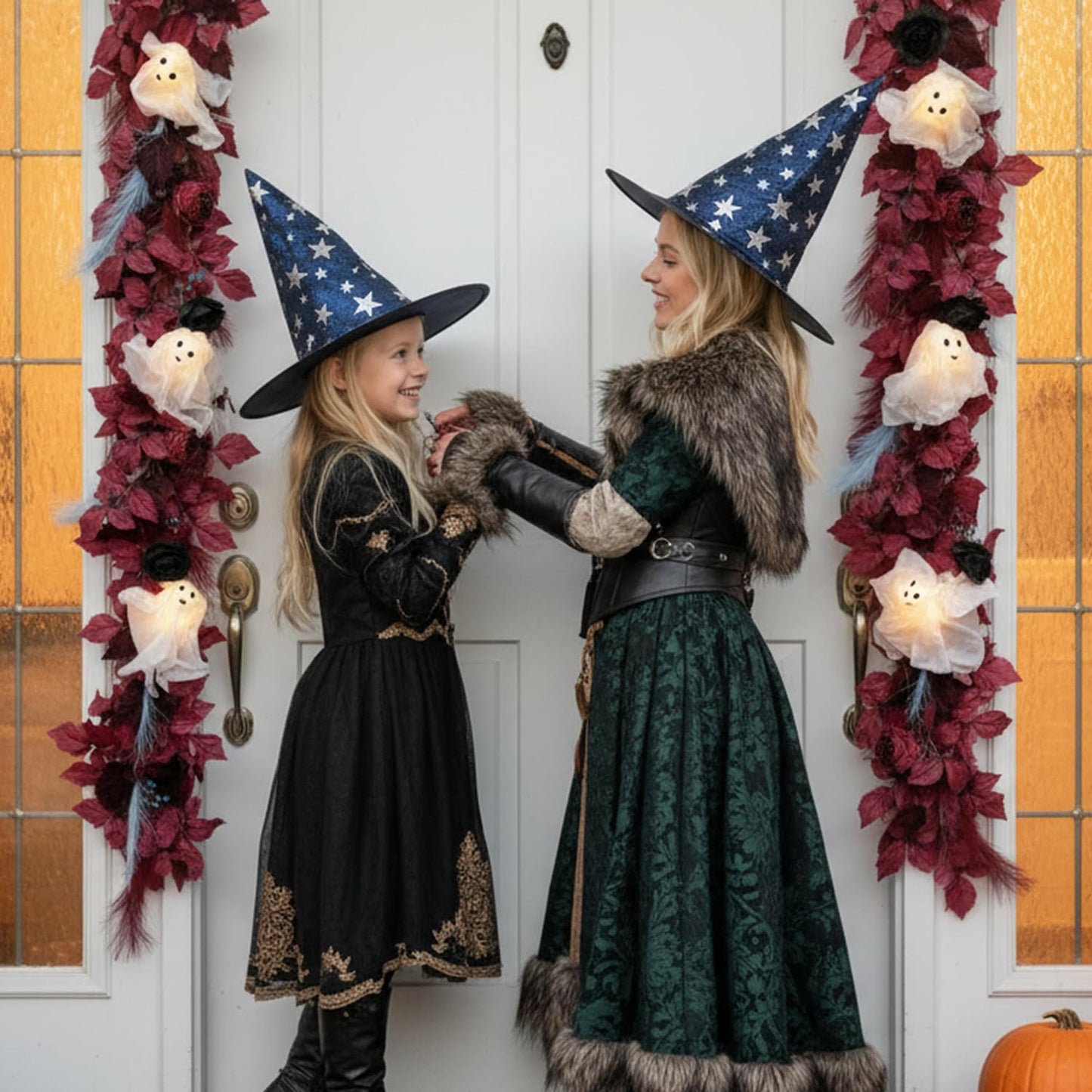 HipTree 6 FT Gothic Halloween Garland with Light-Up Cute White Ghosts, Spooky Fall Eucalyptus Garland with Burgundy Leaves & Pampas Grass for Mantle Fireplace Staircase Indoor Outdoor