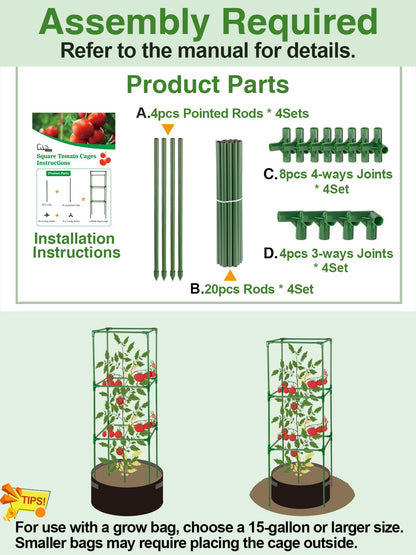 45x14.5x14.5in Square Tomato Cage for Garden - 4 Pack Adjustable Rust-Resistant Tomato Metal Trellis for Pots/Raised Beds/Outdoor, Fits Heavy Plants as Cucumber/Pepper/Eggplant/Pea, Easy to Assemble