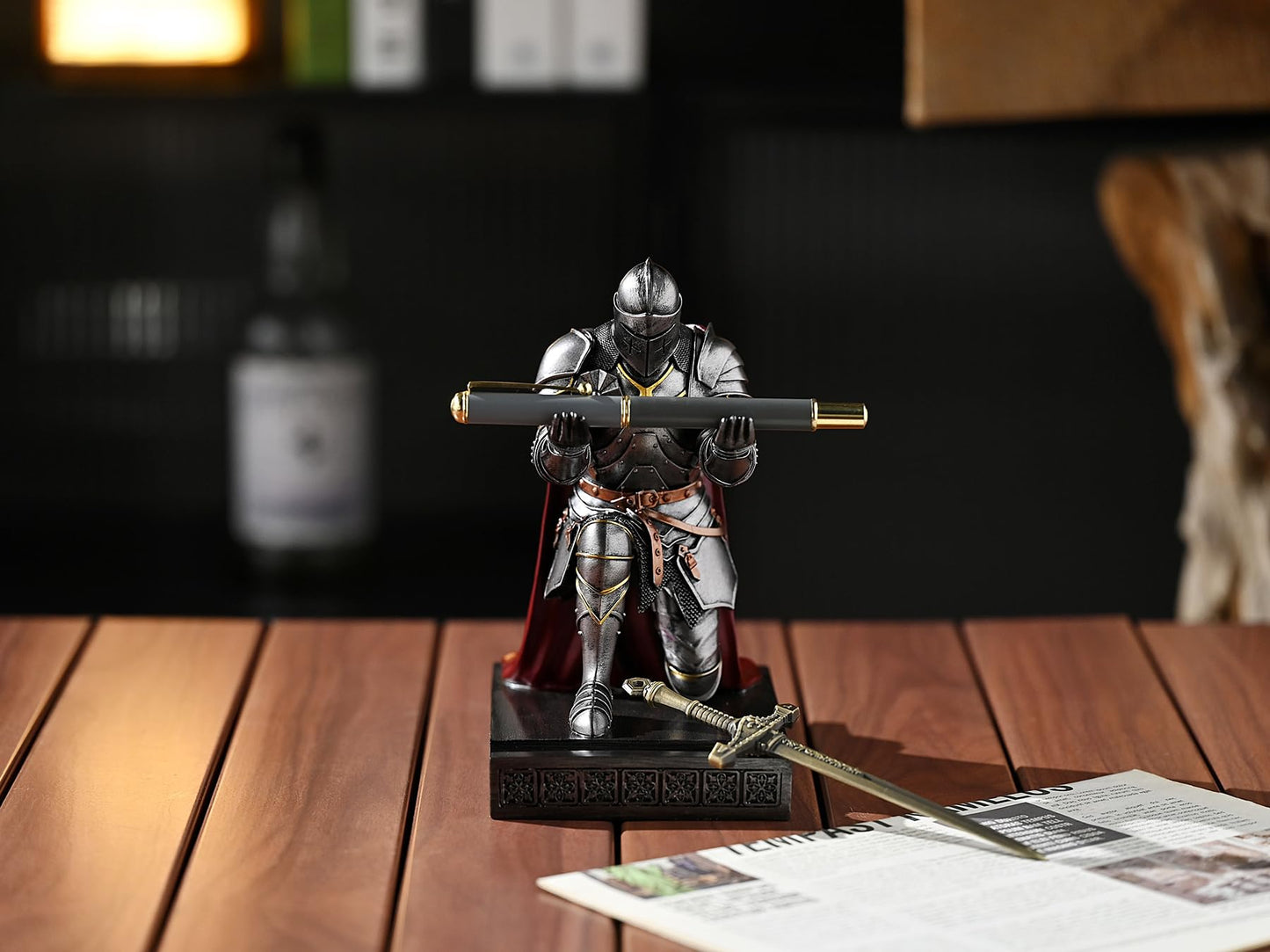 Amoysanli Medieval Armored Warrior Wearing Outerwear, Mobile Phone Stand Knight Pen Holder Desk Organizers, Resin Bookends Paperweight with a Letter Opener for Desk (Iron)