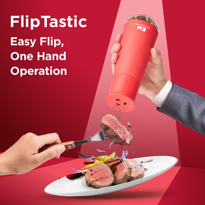 Kitchen Mama FlipTastic Rechargeable Salt and Pepper Grinder – Gravity Electric Grinder, Pepper Mill, Adjustable Coarseness, One-Hand Operation, Refillable Salt and Pepper Mill for Kitchen (Red)