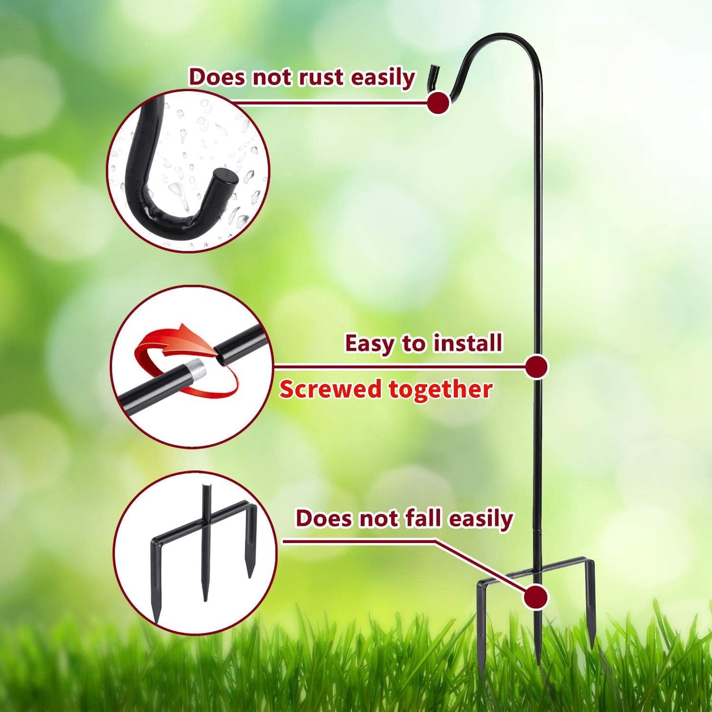 EXCMARK 2 Pack Shepherd Hook Adjustable Height 31/24/16’’ 1/2 inch Thick Use at Weddings, Hanging Solar Lights, Lanterns, Bird Feeders, Metal Hanger Hook (Black, 31 inch). U.S. Patent.