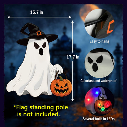 GOAUS Halloween Garden Flag Solar Lighted, Witch Ghost Decorations Outdoor, Double Sided Oxford Decorative Flag for Lawn Yard Outside Decor, 12x18 Inches