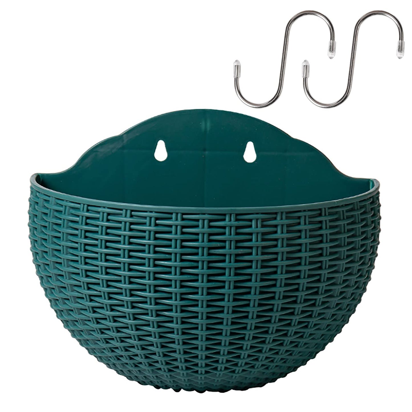 Hanging Planter Pot, Wall and Railing Hanging Planters with S Hooks, Half Round Imitation Rattan European Style Wall Flowerpot Rustic Decorative Flower Basket for Home(#2pcs 21 * 16.5cm Dark Green)