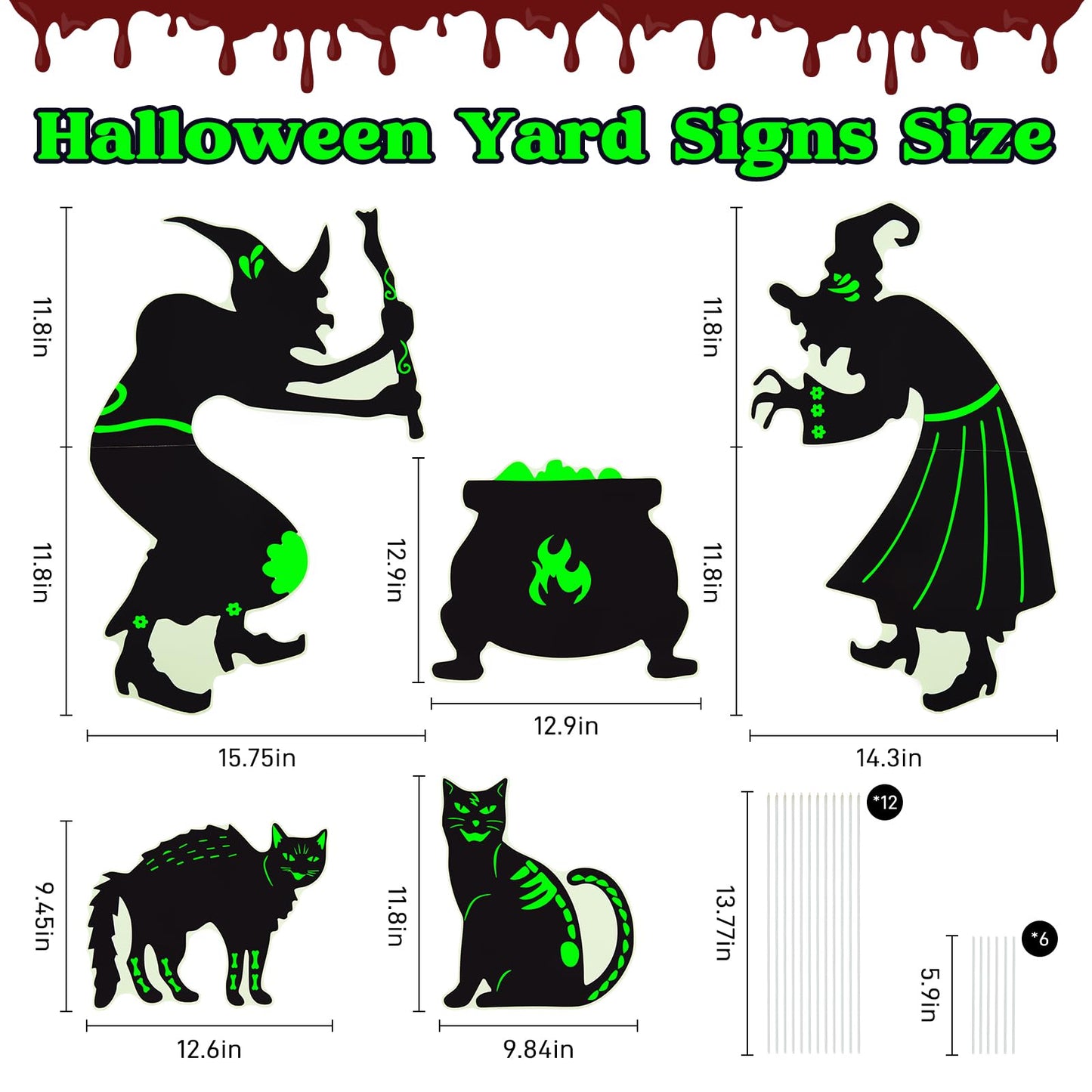 Halloween Yard Signs Decorations Outdoor - 5 Pack Large PVC Witch with Glow in The Dark, Warerproof Black Cat and Cauldron Decor, Halloween Decor with Stakes for Lawn Garden