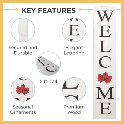 Extra Large 5FT Premium Wooden Interchangeable Welcome Sign for Front Door Porch Sign - 5 ft (58 x 11 Inch) 8 Magnetic Seasonal Tiles, Fall Porch Signs, Holidays and Seasons, Weather Resistance Standing welcome sign Outdoor and Indoor (White)