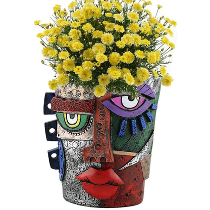 TOZLU Picasso Brutalist Beauty Face Flower Pot - Head Planter with Colorful Face Art - Resin & Flower (Stare Flower Pot)