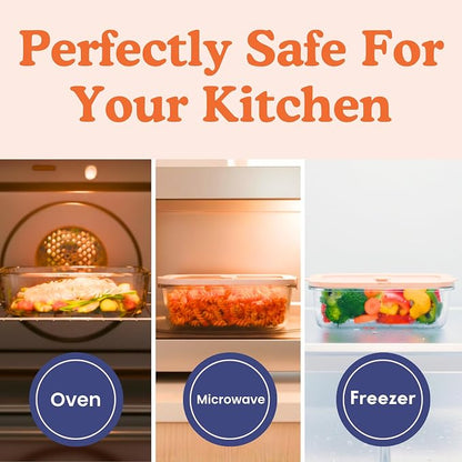 Ziruma Non-Toxic Glass Food Containers with Lids, 4-Pack, Multi-Size, Beige | Plastic & BPA free. Glass body, glass lid & platinum silicone seal. Airtight & leakproof. Freezer & microwave safe.