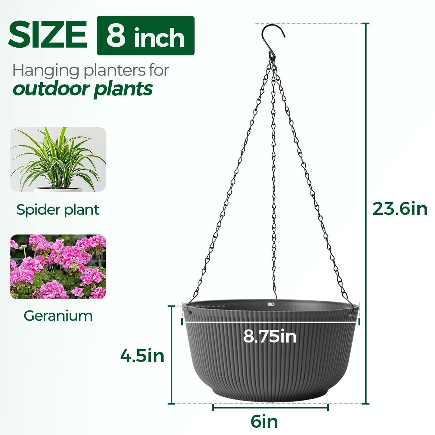 T4U 8 Inch Hanging Planters for Indoor Outdoor Plants, Self Watering Hanging Pot Pack of 2, Hanging Pots with Drainage Hole & Plug & Chain with 3 Hooks for Garden Home Decor, Grey