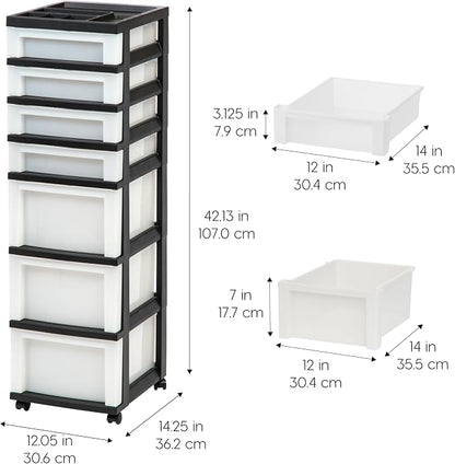 IRIS USA Plastic Drawer Storage Organizer Rolling Cart, with Wheels Casters, 7-Drawers, for Classroom Art Craft Supplies Dresser Closet Bathroom Laundry Room, Black/Pearl