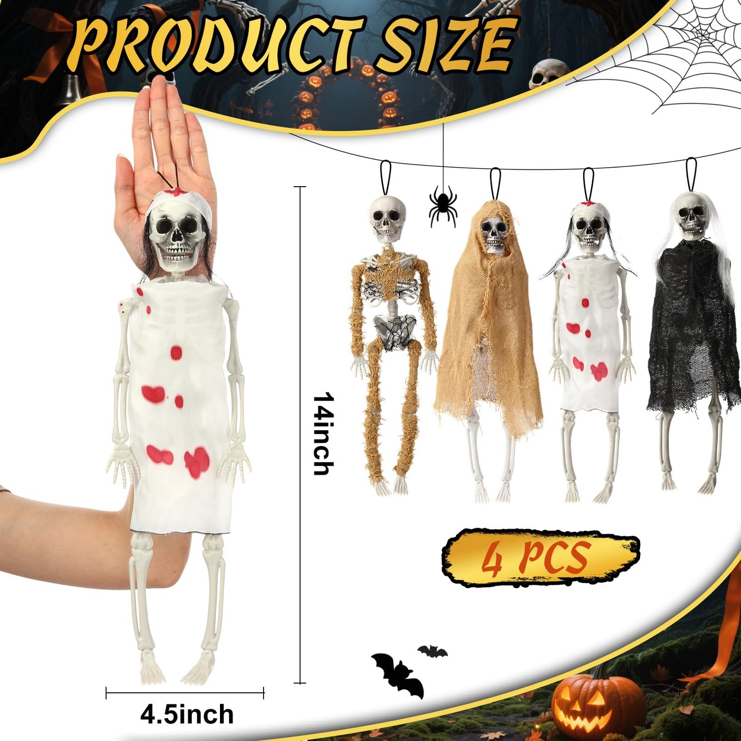 Poen 4 Pack 16" Halloween Hanging Skeleton Decorations Small Full Body Posable Skeletons with Movable Joints Plastic Mini Spooky Decor for Halloween Party Haunted House Lawn Graveyard Props(Zombie)