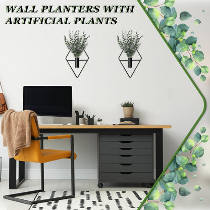 Jexine 4 Pcs Hanging Planters with Artificial Eucalyptus Metal Hanging Vase Indoor Plants Holder Modern Geometric Boho Bathroom Wall Decor for Living Room Home Office(Black)