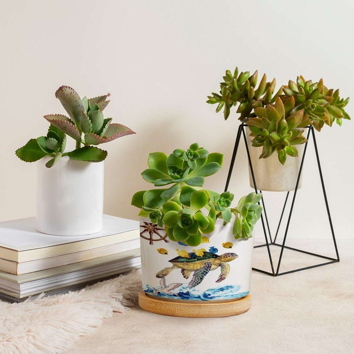 DreamAutumn Ocean Theme Sea Turtle Ceramic Pots for Plants with Drainage Holes Round Flower Pot Bamboo Tray Orchid Pot Succulents Pots for Outdoor Indoor Plants,Housewarming Gifts