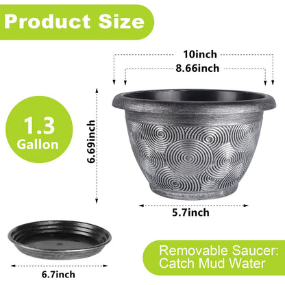 10-Inch -Plastic-Pots -For-Plant With Saucer, 4 Pack Outdoor Planters With Drainage Holes, Decorative Flower Pots For Indoor Plants, Modern 3D Swirl Silver Plant Pots With With Removable Tray