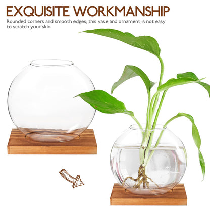 LALADEFIEE Desktop Glass Hydroponic Plant Vase with Retro Wood Base, Scindapsus Aureus Terrarium Planter for Office and Home Décor