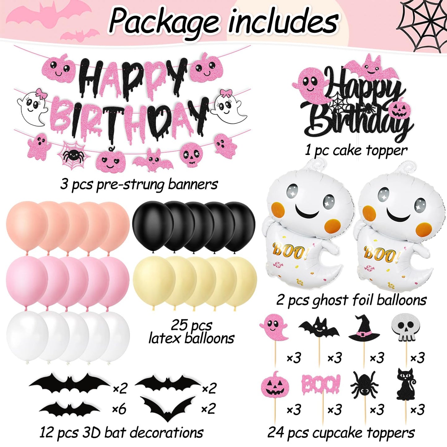 67 Pcs Halloween Birthday Decorations Pink Black Birthday Banner Cake Topper Cupcake decoration Bat Wall Stickers Halloween Theme Balloons Happy Bday Party Supplies
