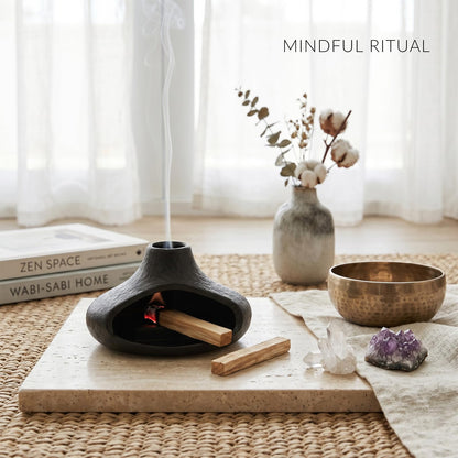 Matte Black Palo Santo Holder with Chimney Design, Ceramic Incense Burner with Ash Catcher, Mess-Free for Smudging, Meditation & Relaxation, Volcano Style Aesthetic Home Decor Gift