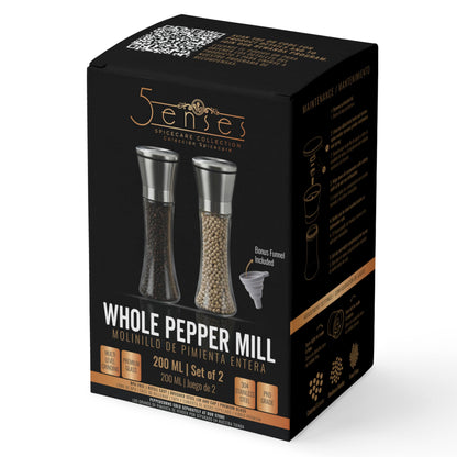 5Senses SpiceCare Salt and Pepper Grinder Set of 2 (200ml) | Stainless Steel & Glass Manual Pepper Mill | Adjustable Ceramic Coarseness | Refillable Salt Shaker for Peppercorns, Sea Salt & Spices