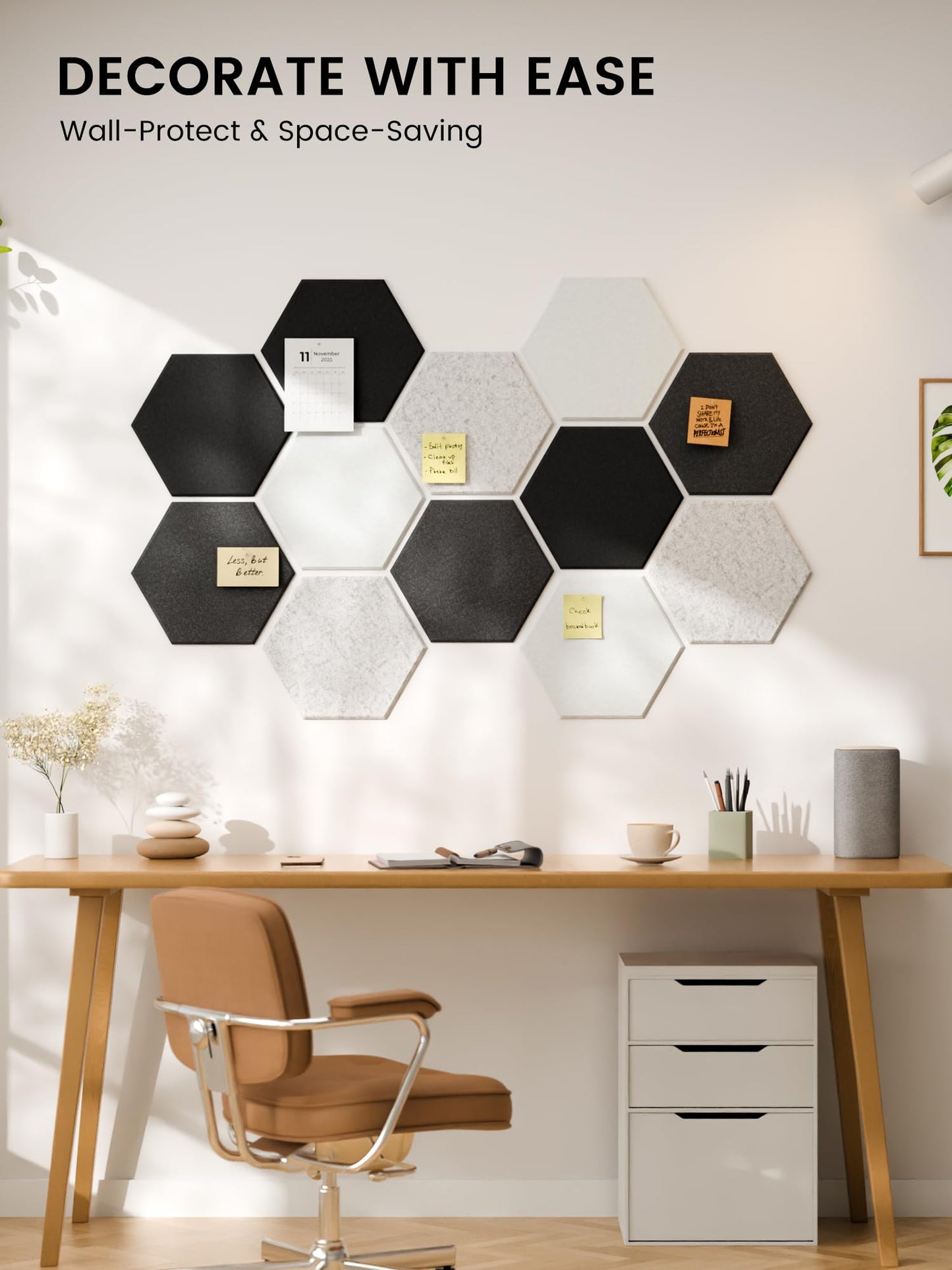 Fluxynara Hexagon Cork Board Alternative for Walls Decor-12-Pack Felt Bulletin Board Tiles,with 30 Pushpins,70 Adhesive Tabs for Office,Classrooms & Home Pin Board Felt Board-Concrete Echo