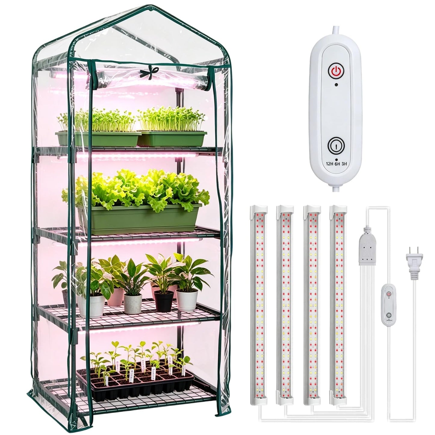 Kelived 4 Tier Indoor Greenhouse with Grow Light Seed Starting Small Portable Green Houses with Waterproof Cover