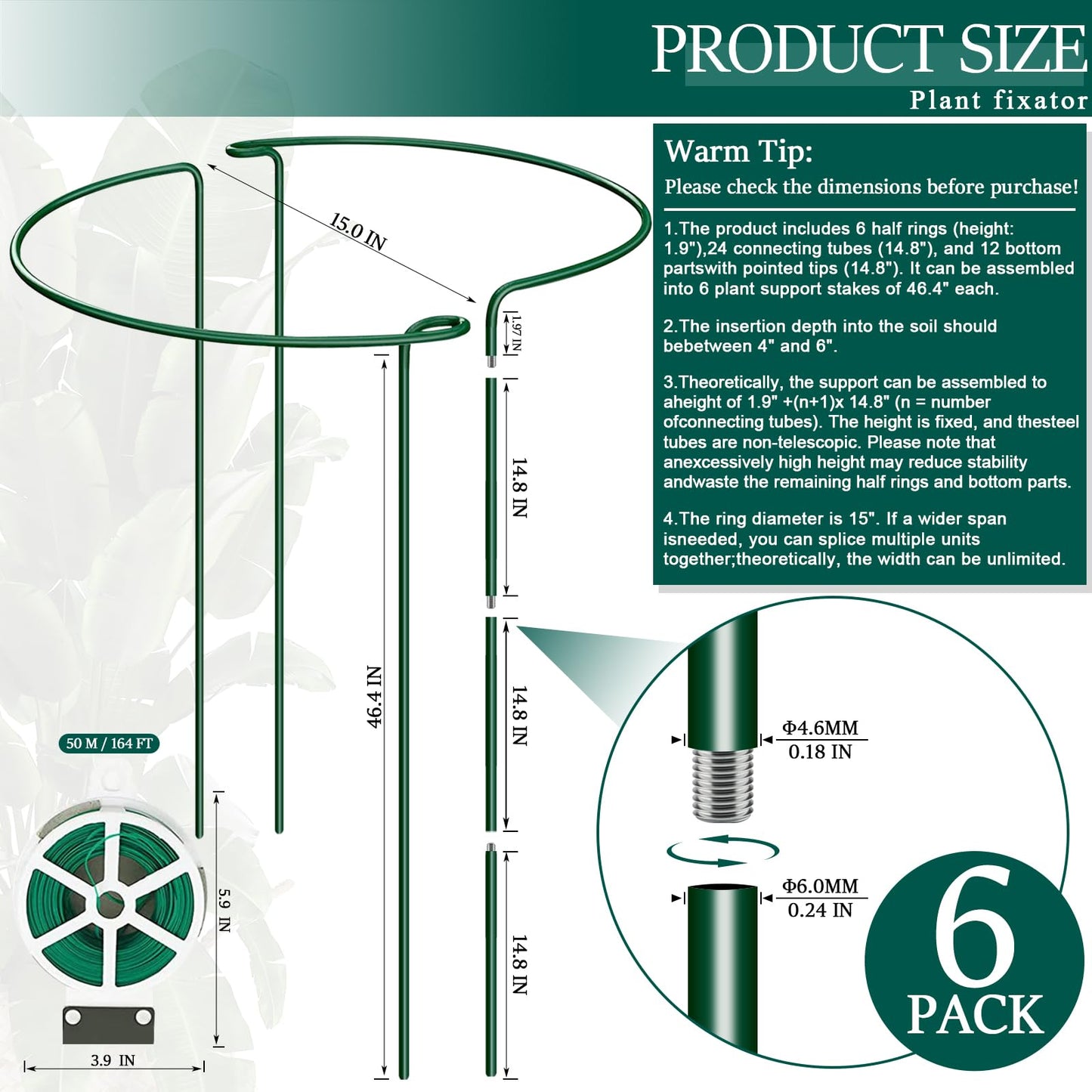 6-Pack 46.3” Plant Support Stakes, Steel Plant Cage & Peony Tomato Hydrangea Cage, Garden Stakes for Outdoor Plants, Heavy-Duty Plant Stakes, 16.7” Support + 29.6” Extension Tubes