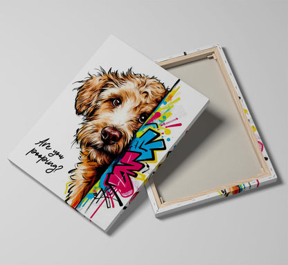 16x24“ Funny Goldendoodle Dog Bathroom Wall Art Painting, "Are You Pooping?" Graffiti Pet Canvas Print, Humorous Restroom Poster Decor for Washroom Bathroom Toilet, Modern Pop Art Dog Lover Gift (Framed)