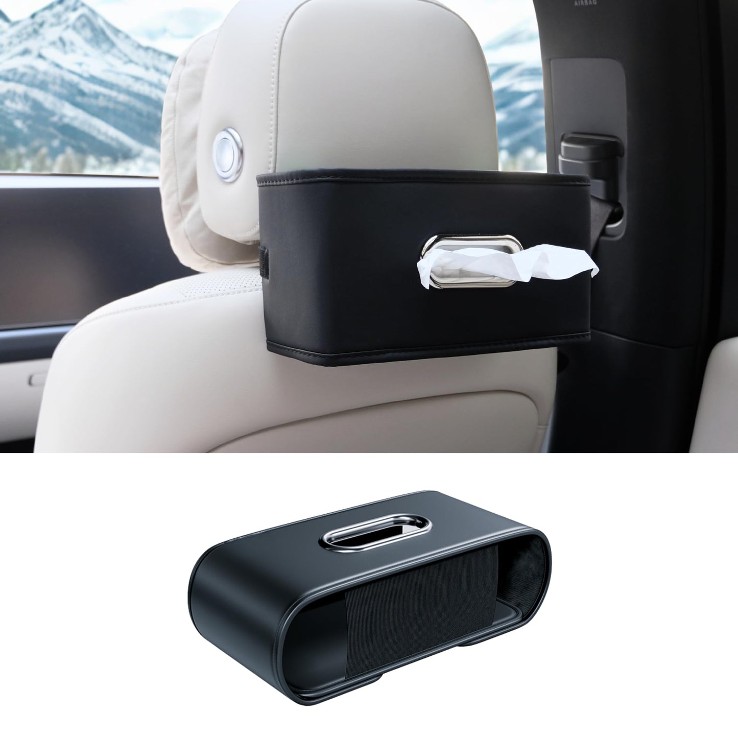 Upgraded Car Tissue Holder - Premium PU Leather Car Tissue Box Cover Rectangle with Flexible Side Bands, Universal Tissue Holder for Car Seat Back– Fits Most Tissue Box, Black