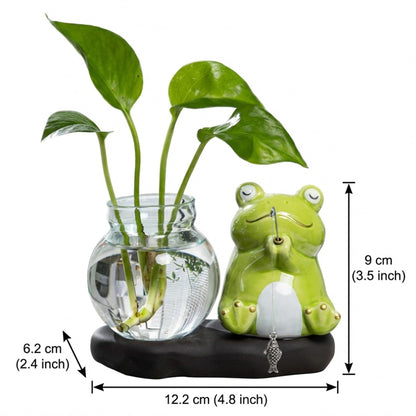 Glass Planter with Ceramic Stand, Cute Frog Fishing Propagation Vase for Plants, Hydroponic Planter for Indoor Home Office Desk Decor