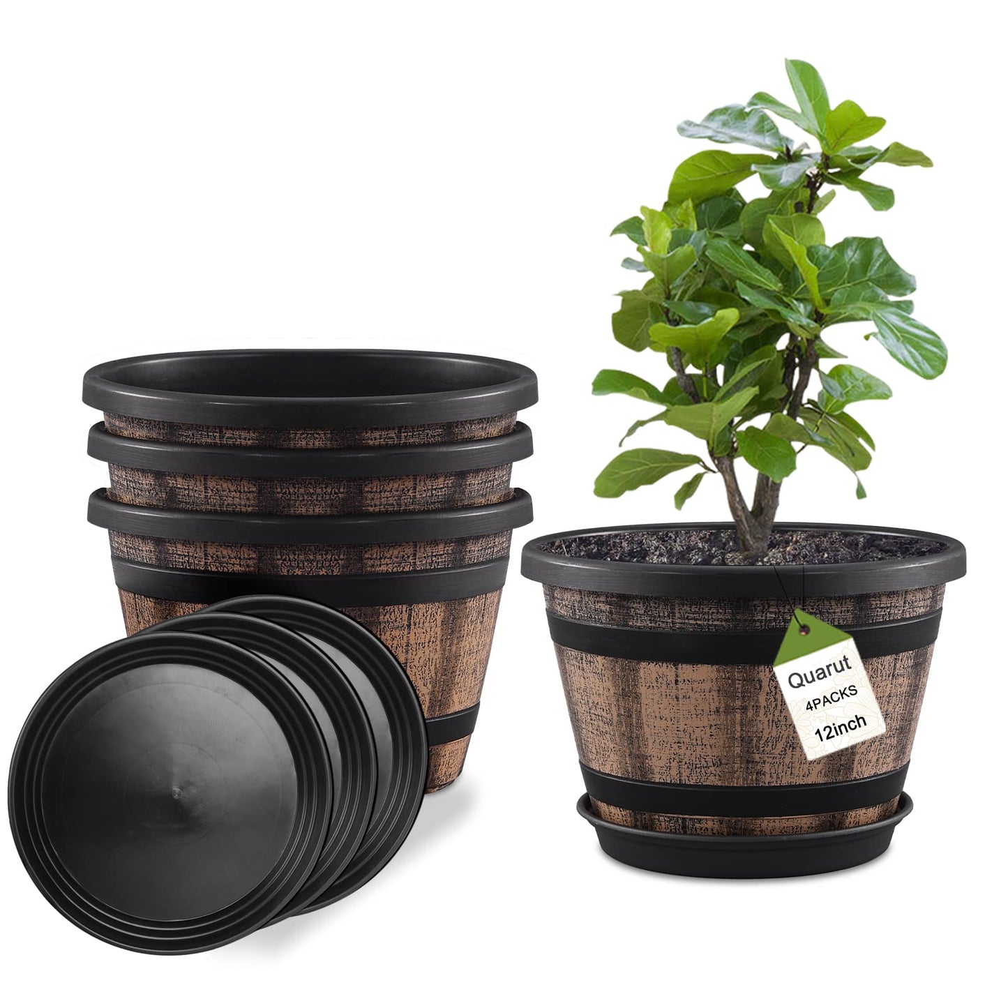 Quarut Large 4 Pack12 inch Plant Pots and 4 Pack14 inch Plant Pots,Flower Pots Imitation Wine Barrel Design for Indoor & Outdoor
