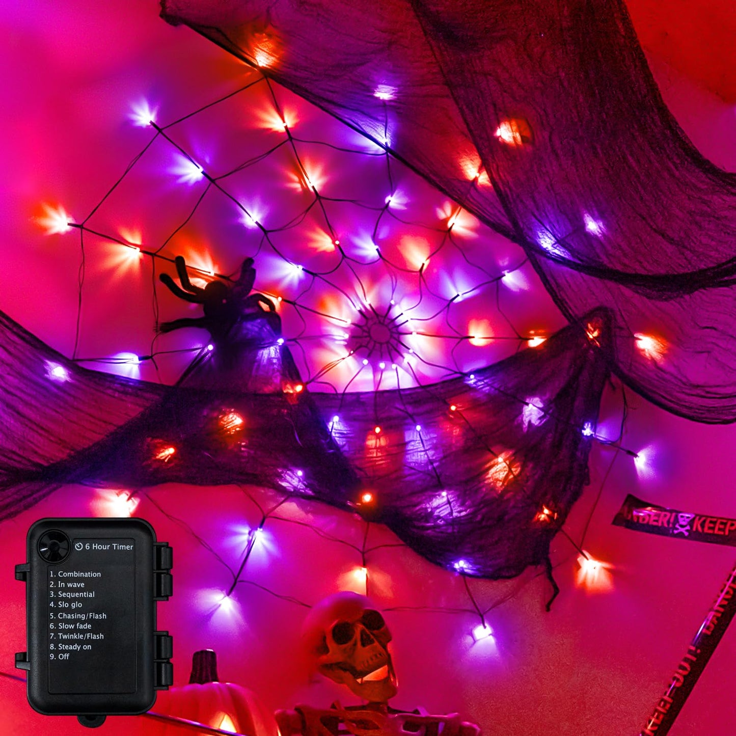 Ollny Spider Web Decoration 4FT 70 LED, Orange and Purple Halloween Lights with Black Spider Battery Powered 8 Modes Timer, Waterproof Cobweb String Light for Outdoor Indoor House Yard Party