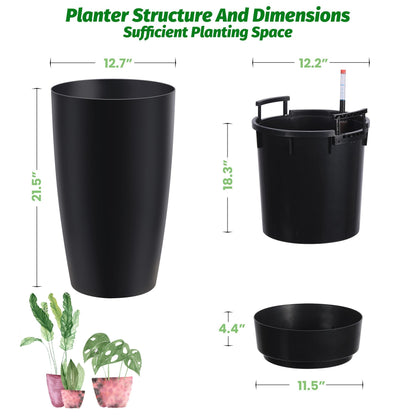 ActiveTrail 22 in Tall Planters Set of 2, Large Black Planters for Indoor & Outdoor Plants, Self Watering Pots with Water Level Monitor and Inner Bucket for Porch, Patio, Backyard