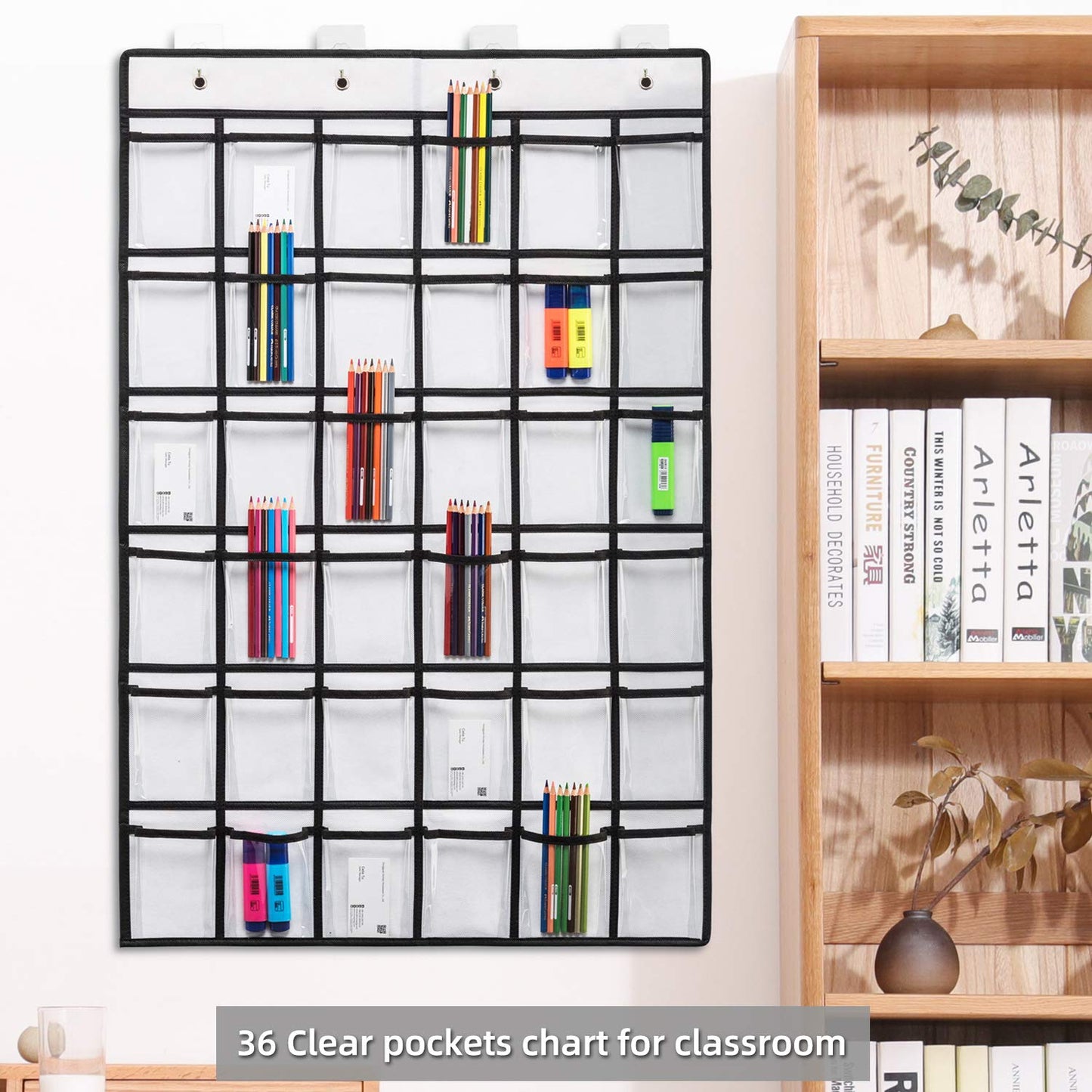 SAVERHO 2 Pack 36 Pockets Classroom Pocket Chart for Cell Phone Calculator Holder,Clear Pocket Chart Organizer for Classroom Cellphone Storage with 36 Number Sticker Size:38.5x25.7 Inch (White-2pack)