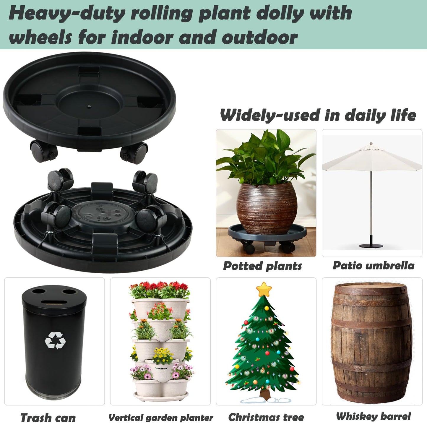 3 Pakcs Large Plant Caddy with Wheels 15.8" Rolling Plant Stands Heavy-duty Plastic Plant Roller Base Pot Movers Plant Saucer on Wheels Indoor Outdoor Plant Dolly with Caster Tray Coaster, Black