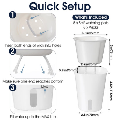 Douaowoc 8 Pack 4" Self Watering Pots for Indoor Plants, Clear Inner Cup, Small White Plastic Planters, Water Level Indicator, Drainage Holes, Extra Wick, Cuttings, Seedlings, African Violets