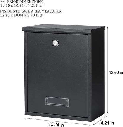Jssmst Locking Mailbox Wall Mount Key Lock Drop Box Large Capacity with Galvanized Steel Cover and Rust-Proof Metal Post Box, Black Matt, SM-0702LK,Medium