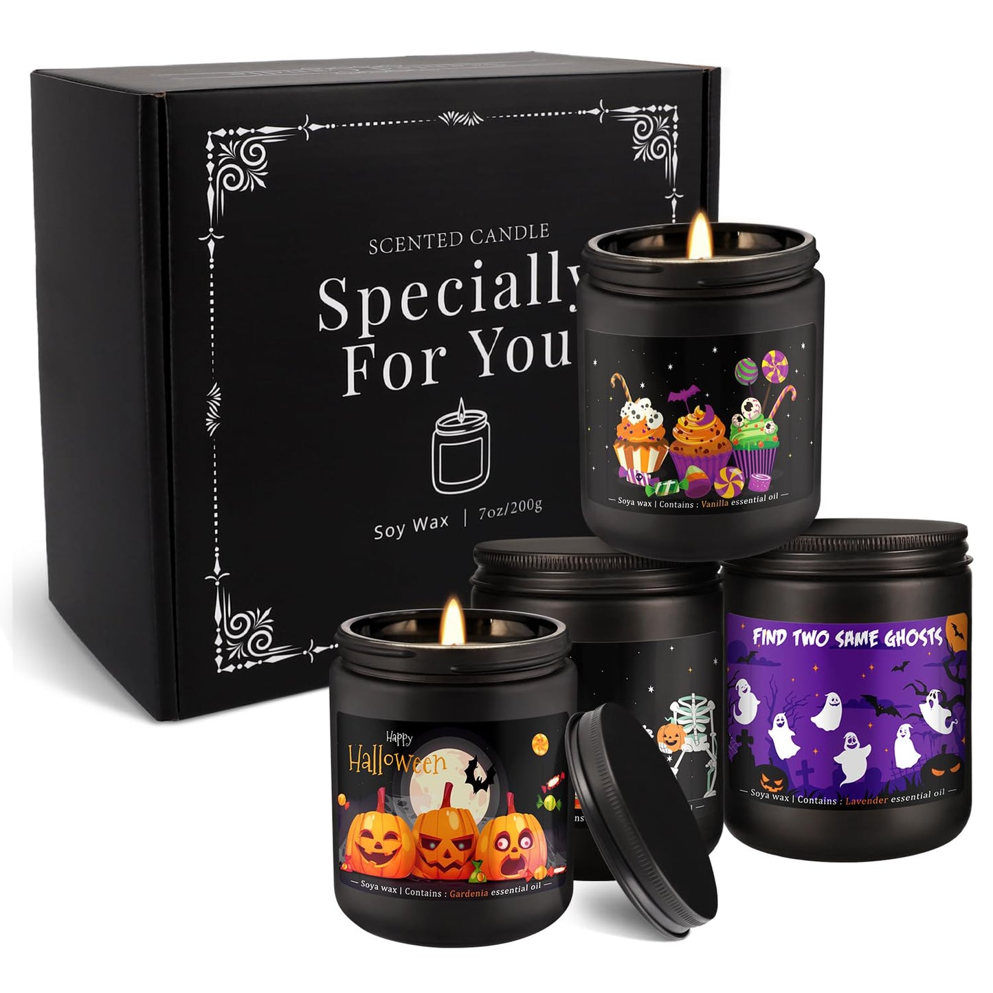 4 Pack 8Oz Halloween Scented Candles for Home Scented Aromatherapy Candles, Soy Wax Autumn Candle Gift Set for Women Men，Home Decoration，Themed Party Decor