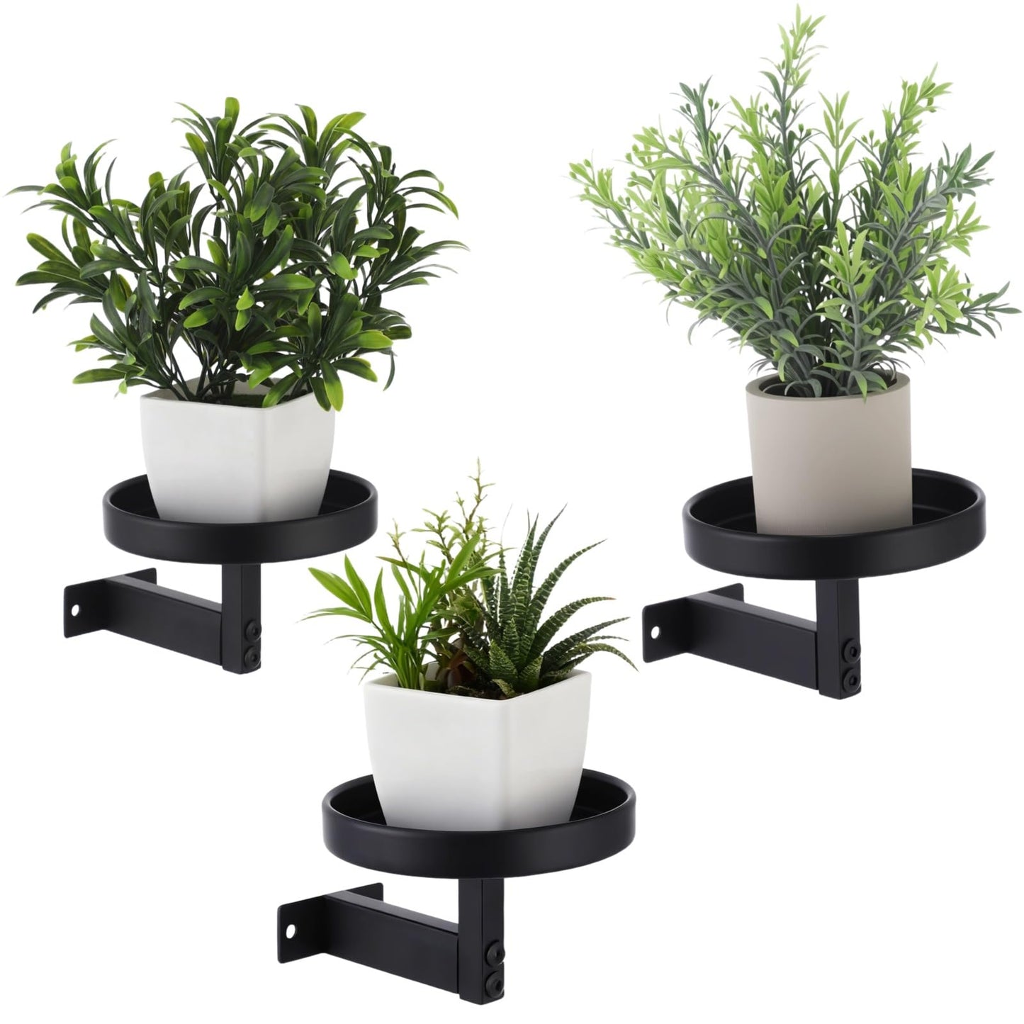OMISTAR 3 Pcs Wall Plant Holder, 5.9 in Metal Floating Shelf with Round Tray, Wall Mounted Plant Stand for Indoor Greenery, Space-Saving Design for Living Room, Bedroom, Home Office