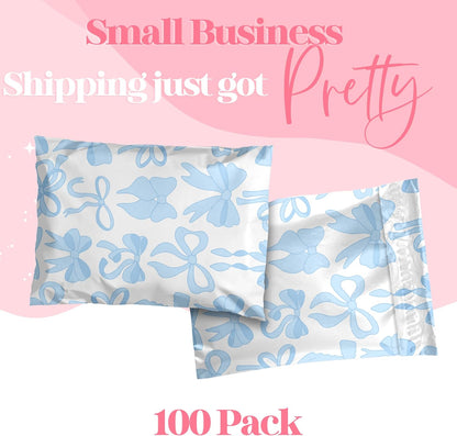 10x13 Designer Poly Mailer 100 Pack Heavy Duty Waterproof Self Seal Shipping Bags for Small Business Large Mailing Envelopes Bulk Tear Resistant Packaging Blue Bows